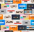 Many colorful detailed audio cassettes in a row, vintage tape retro seamless pattern