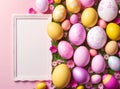 many colorful Easter eggs background with frame and copy space, Generative AI Royalty Free Stock Photo