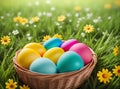 many colorful Easter eggs in basket staying in green grass with flowers and blue sky background, Generative AI Royalty Free Stock Photo