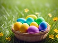 many colorful Easter eggs in basket staying in green grass with flowers and blue sky background, Generative AI Royalty Free Stock Photo