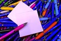 Many colorful, glossy ballpoint pens Royalty Free Stock Photo