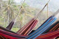 Many colorful hammocks hanging in front of coconut palm trees Royalty Free Stock Photo