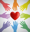 Many Colorful Hands Surrounding A Red Heart