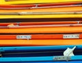 Many colorful kayaks and canoes as background Royalty Free Stock Photo