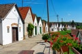 Many colorful old traditional wine cellers in Villanykovesd in a hungarian wine region called Villany Royalty Free Stock Photo