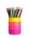 Many colorful pencils in holder isolated. School stationery Royalty Free Stock Photo