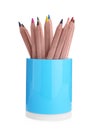 Many colorful pencils in blue holder isolated on white. School stationery Royalty Free Stock Photo