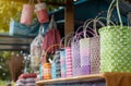 Many colorful plastic baskets in shop sheds