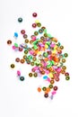 Many colorful push pins, white background. Royalty Free Stock Photo