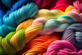 Many colorful Rainbow yarn for knitting. Twisted threads abstract background. Generative AI illustration