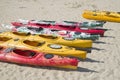 Many colorful sea tandem kayak on beach Royalty Free Stock Photo