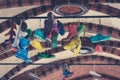 Many colorful shoes hanging on bridge in Berlin, Kreuzberg