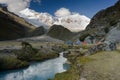 Base camp in the Cordillera Blanca with snow-capped mountains and a mountain stream
