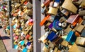 Many colourful closed locks on the Bridge of love in Helsinki, F Royalty Free Stock Photo