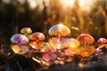 Many colourful soap bubbles in close up against a spring background with sunlight created with generative AI technology