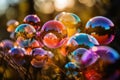 Many colourful soap bubbles in close up against a spring background with sunlight created with generative AI technology