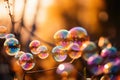 Many colourful soap bubbles in close up against a spring background with sunlight created with generative AI technology