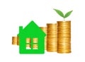 Many columns of gold coins, house symbol and green plant
