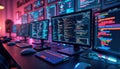 Many computer screens display code. Colorful programming code is visible. Computers, tech equipment are on dark table. Interior