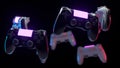 Many console gamepads on black background. Game controller with neon lights