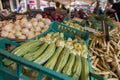 Courgette zucchini flowers vegetables in a market stall in Nice, France