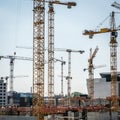 Many cranes and construction workers on construction site Royalty Free Stock Photo