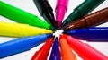 Many Crayons. Colorful wax pencils collection, neatly arranged circle shape. Royalty Free Stock Photo