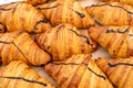 Many Croissant at Street Market, Fresh Puff Pastry Pies, Sweet Kipferls, Buttery Chocolate-Nutty Viennoiseries Royalty Free Stock Photo