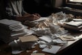 The many crumpled papers on desk of stressed male workplace. Neural network AI generated