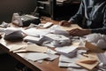 The many crumpled papers on desk of stressed male workplace. Neural network AI generated