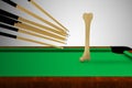 Many cue sticks aiming to hitting a Human thigh bone on a pool table. Strong bones and healthy human bone or Osteoporosis world