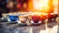 Many cups of hot coffee with coffee art and a cozy blurred background Royalty Free Stock Photo