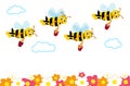 Many cute bees fly with honey over flowers.