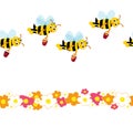 Many cute bees fly with honey over flowers. Vector Seamless pattern.