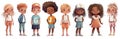 Many cute cartoon little children in casual summer clothes standing in a row, boys and girls, isolated watercolor kids clipart.