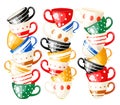 Many cute different cups standing on top of each other on a white background. Cartoon style. Vector illustration