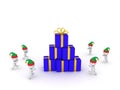 Many 3D Characters Wearing Elf Hats Running Toward Stack of Wrapped Gifts