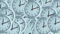 Many 3d simple clocks with hour, second and minute arrows, computer generated modern business backdrop Royalty Free Stock Photo