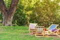 Many deck chairs and pillows with wooden table in the courtyard is surrounded by shady green grass. Comfortable pillows on outdoor