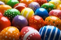 Many decorated Easter eggs as background.