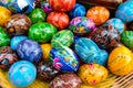 Many decorated Easter eggs, top view. Festive tradition