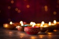 many decorative diwali oil lamps glowing on bokeh background generative AI Royalty Free Stock Photo