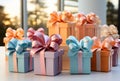 Many decorative gift boxes in pastel colors with a bows. Valentine\'s day, Christmas, birthday, wedding concept. Copy space