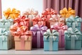Many decorative gift boxes in pastel colors with a bows. Valentine\'s day, Christmas, birthday, wedding concept. Copy space