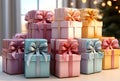 Many decorative gift boxes in pastel colors with a bows. Valentine\'s day, Christmas, birthday, wedding concept. Copy space