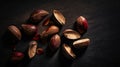 Many delicious Brazil nuts on dark background, top view. Generative AI