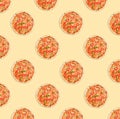 Many delicious Margherita pizzas on beige background, flat lay. Seamless pattern design
