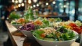 many delicious vegetarian different salads in restaurant, vegan menu