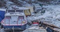 Many destroyed boats on a frozen Danube river Royalty Free Stock Photo