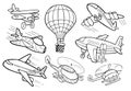 set of different airplanes - colouring page for children and adults